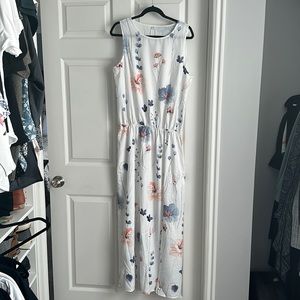 Floral Sleeveless Maxi Dress - White with Blue and Pink Accents